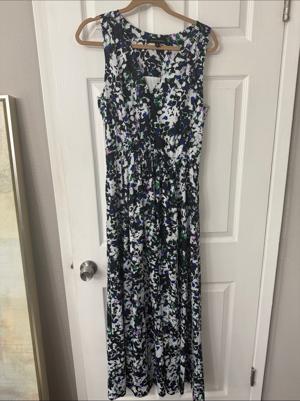 Banana Republic Black & White Floral Maxi Dress with Green and Purple Highlights